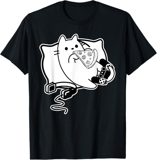 Gamer Cat Girl Boy loading Pizza, Headset and Pad T-Shirt
