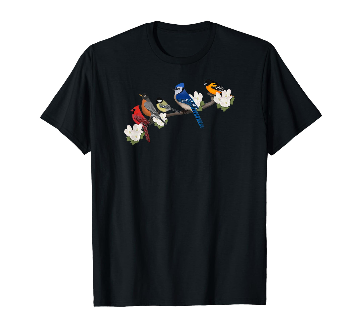 Birds on a Branch Blue Jay Cardinal Robin Bird Watching T-Shirt