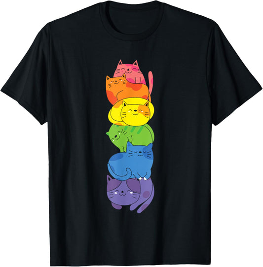 Gay Pride Cat LGBT Kawaii Cats Pile Cute Anime Rainbow Flag T-Shirt
