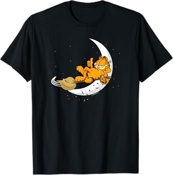 Garfield Halloween Crescent Moon Broom Riding Garfield T-Shirt