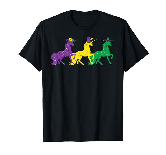 Purple Yellow Green Unicorns Mardi Gras Women Girls Kids T-Shirt