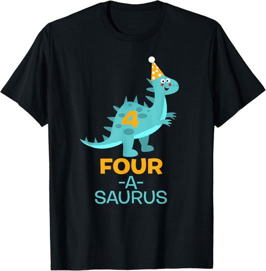 Kids 4th Birthday - Four-A-Saurus Dinosaur Graphic T-Shirt