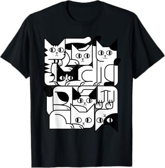 Feline Animal Friends Apparel for Cat Enthusiasts Geometric Cat Silhouette Abstract Kitten Classic Cute Cat T-Shirt, Small, Black