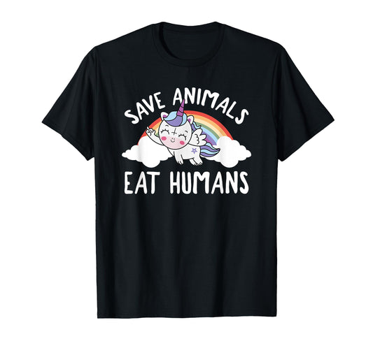Evil Unicorn Rainbow Save Animals Eat Humans Satanic Vegan T-Shirt