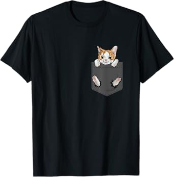Hanging Cat in Pocket Cute Cat Lover T-Shirt for Men Women Kids