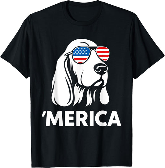 Cool Patriotic Dog With Flag Glasses Funny USA Basset Hound T-Shirt