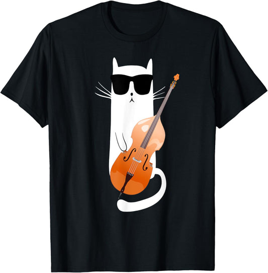 Funny Cat Wearing Sunglasses Playing Double Bass T-Shirt