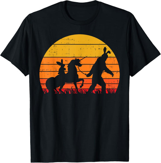 Bigfoot Unicorn Easter Bunny Retro Sunset Funny Beileve Gift T-Shirt