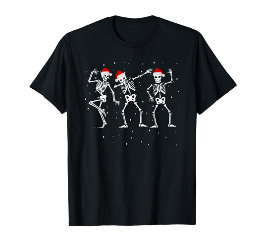 Skeletons Dancing with Santa Hats Funny Christmas Skelton T-Shirt