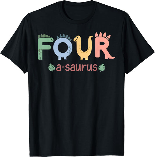 4 Years Old Four Saurus Funny Dinosaur Family Birthday Boys T-Shirt