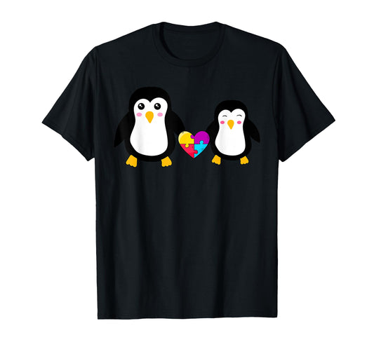 Autism Awareness Cute Penguin Heart Puzzles T-Shirt