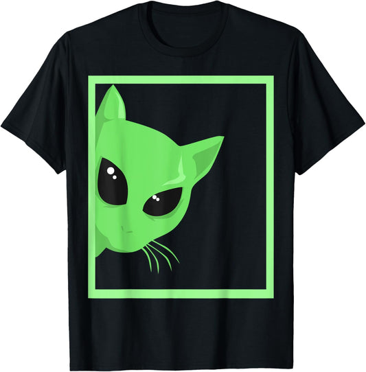 Alien Cats, Peeking Green Alien, Big Black Eyes T-Shirt