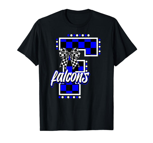 Falcons Checkered Letter School Spirit Mascot Blue Game Day T-Shirt
