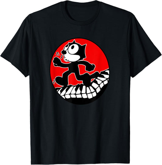 Felix Cartoon Cat Walks and Whistles on Piano Keyboard Retro T-Shirt