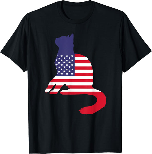 Patriotic American Flag 4th of July Kitten Silhouette Cat T-Shirt