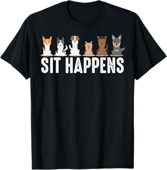 Cute Animal Whisperer Puppies Humor Quote Designs | Funny Sit Happens | Cool Sitting Dogs Unisex-Adults, Kids T-Shirt - Black, Short Sleeve, Classic Fit, Crew Neck, Pull On
