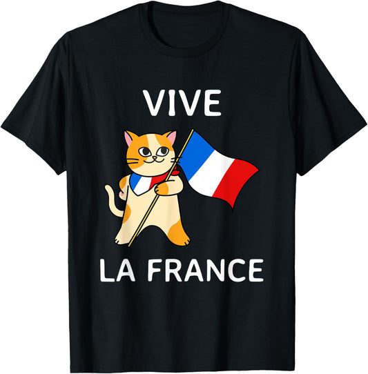 Cute Patriotic French Cat - Vive La France French Flag T-Shirt