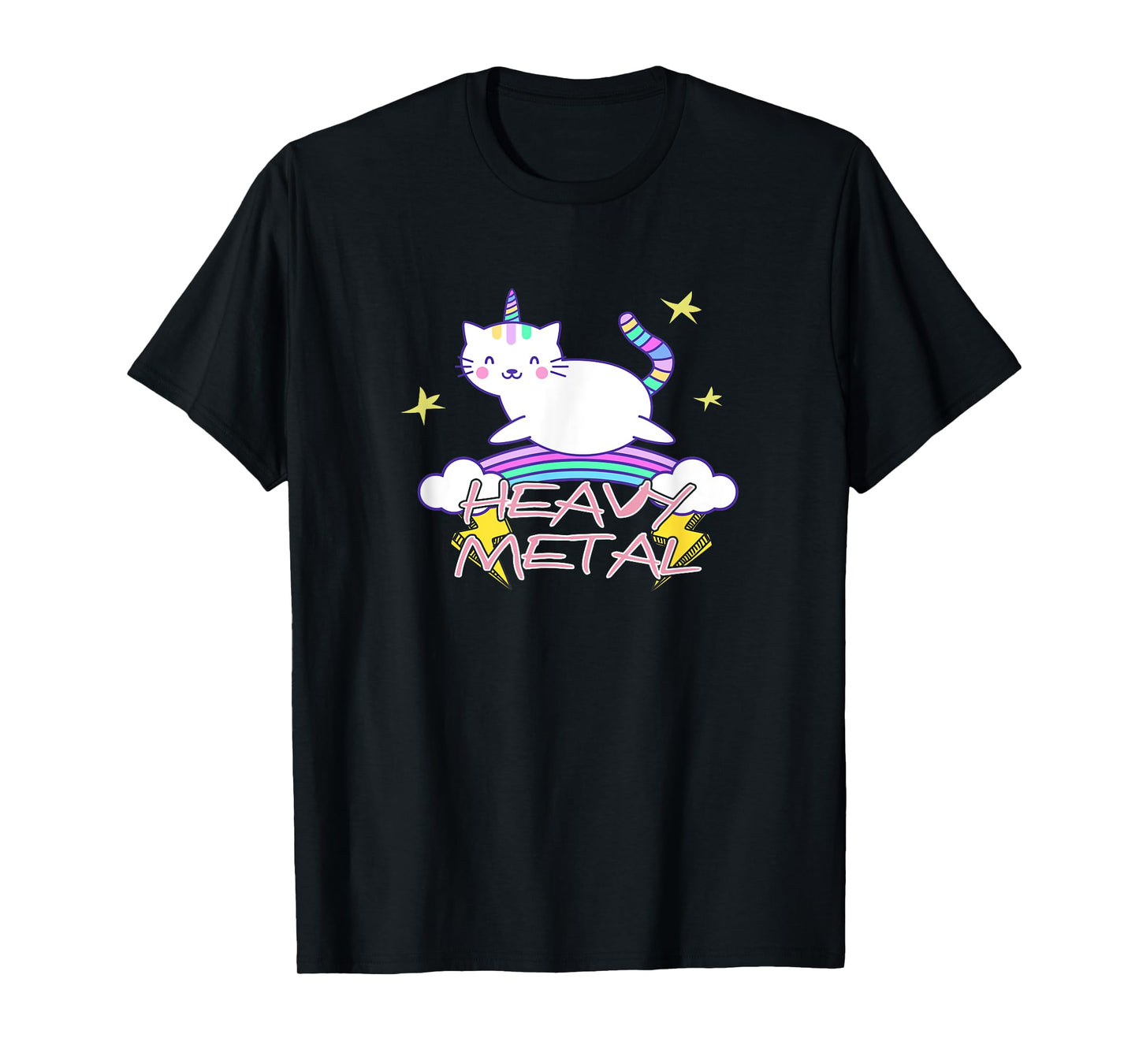 Heavy Metal Kawaii Unicorn Cat and Rainbow T-Shirt
