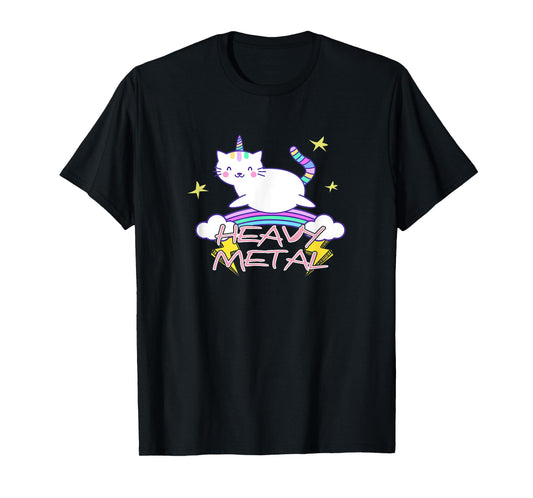 Heavy Metal Kawaii Unicorn Cat and Rainbow T-Shirt