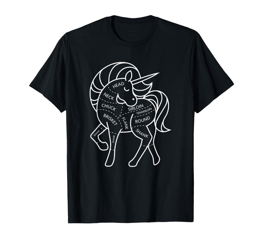 Magic Grass Fed Unicorn Meat Cuts Diagram Dark Humor T-Shirt