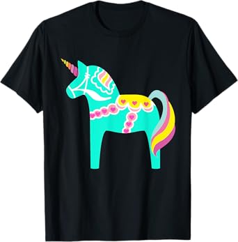 Dala Horse Unicorn Swedish Horse Nordic Pastel Green T-Shirt