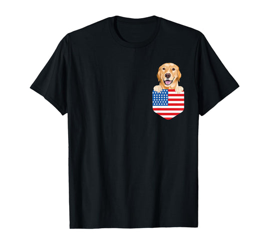 America Flag Yellow Labrador Retriever Dog In Pocket T-Shirt