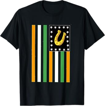 St patrick day Lucky Horseshoe Irish American Flag T-Shirt