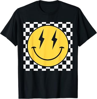 Retro Happy Face Distressed Checkered Pattern Smile Face T-Shirt