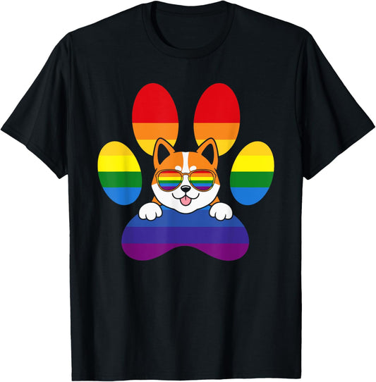 Funny LGBT Rainbow Dog Paw Print Akita Lesbian Gay Pride T-Shirt