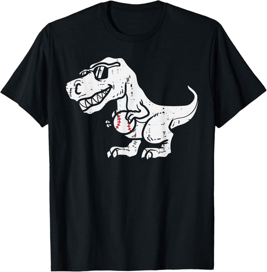 Trex Dinosaur Baseball Cute Sports Catcher Player Kids Boys T-Shirt