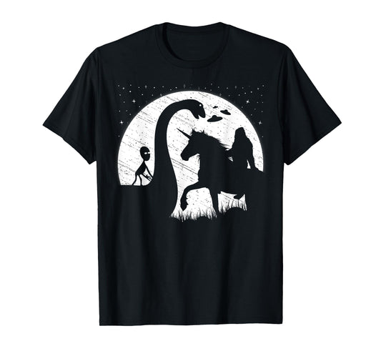 Funny Alien Riding Loch Ness Monster Nessie Bigfoot Unicorn T-Shirt