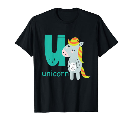 Unicorn Letter U Alphabet Cute Animal Boys Or Girls T-Shirt