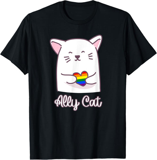 Rainbow Ally Cat LGBT Gay Pride Flag Heart T-Shirt