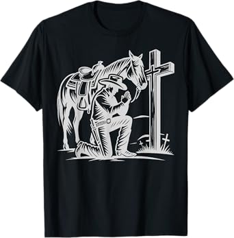 Cowboy Praying at Cross, Western Horse Rider Graphic T-Shirt