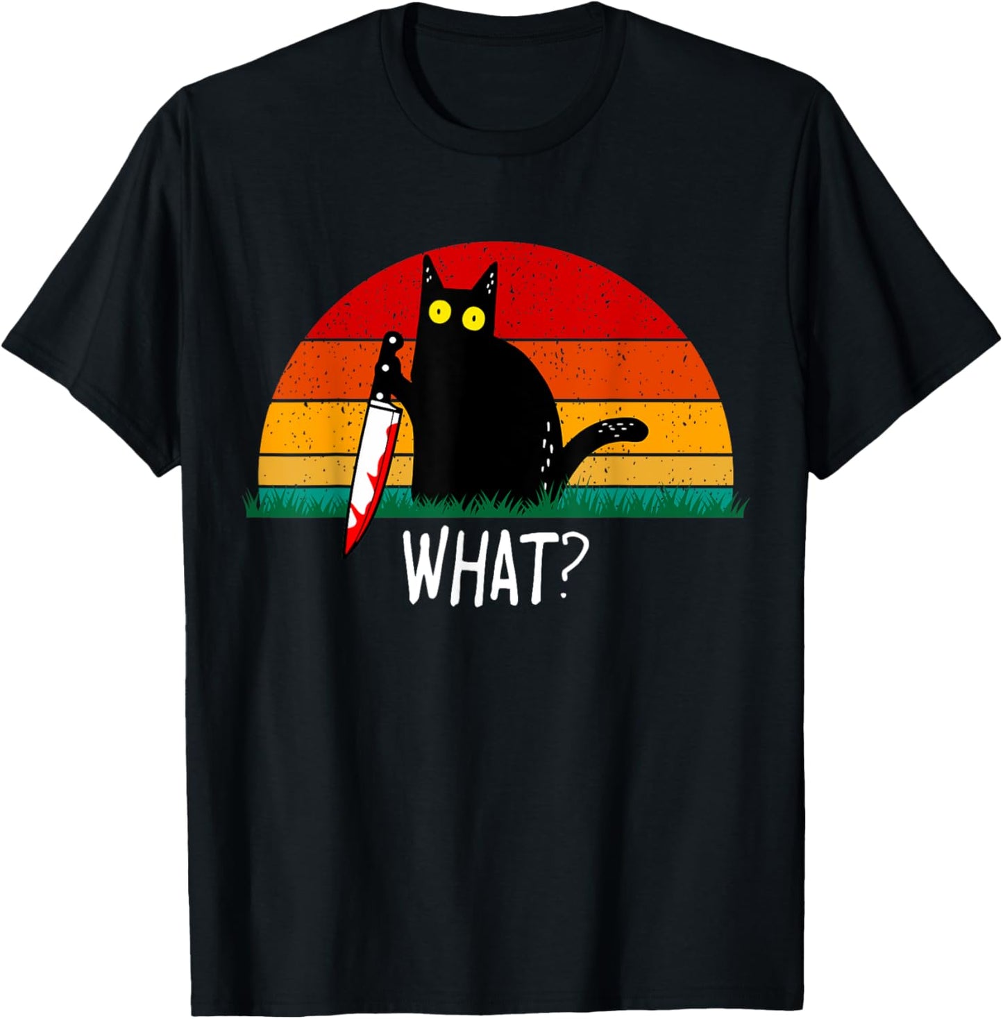 Funny Black Cat What? Holding Bloody Knife Men Women Teens T-Shirt