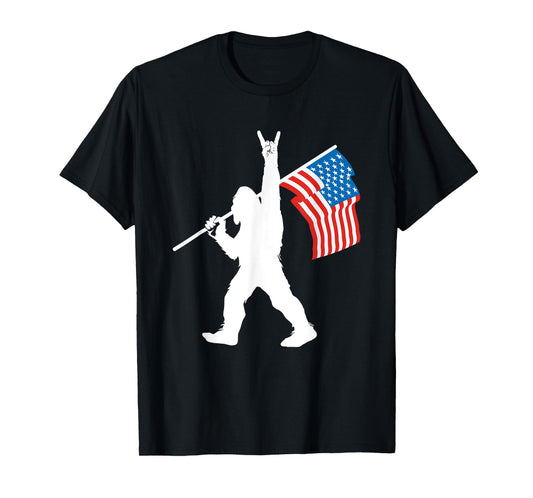 Funny Sasquatch Rock and Roll USA Flag for Bigfoot Believers T-Shirt