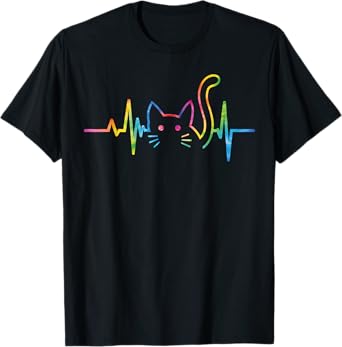 Heartbeat Cat For Women Silhouette Cute Cat Tie Dye Lover T-Shirt