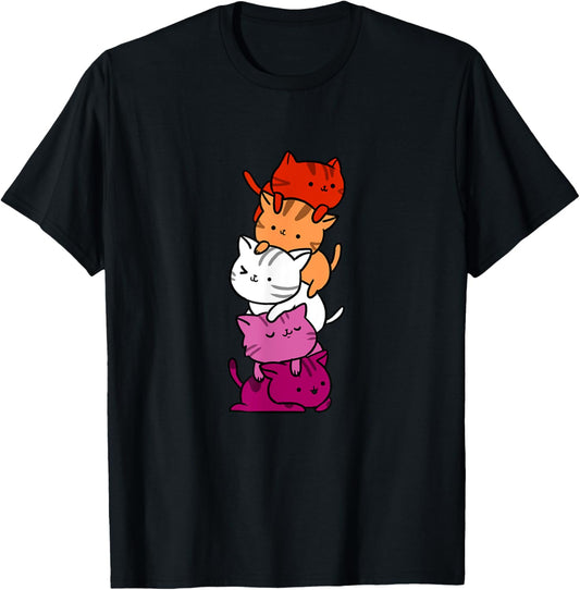 Kawaii Cat Pile Lesbian Pride Orange Pink Lesbian Pride T-Shirt, Black, Small