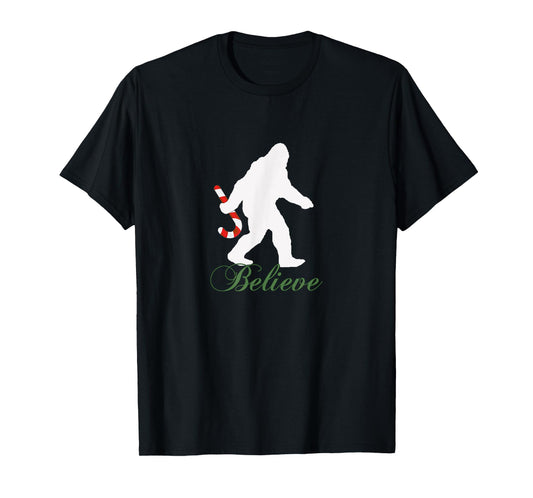 Bigfoot Sasquatch Yeti Believe Candy Cane Christmas Pajamas T-Shirt