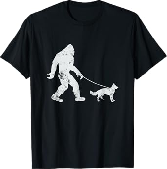 Bigfoot walking German Shepherd Funny Sasquatch T-Shirt