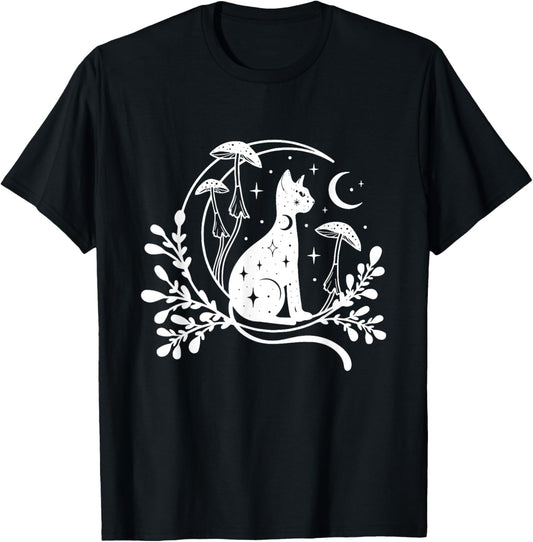 Celestial Cat Moon Mushroom Cottagecore Witchy Tee for Women T-Shirt