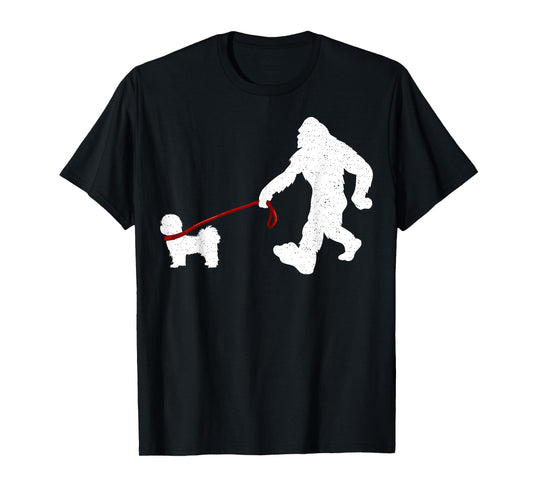 Funny Bigfoot Walking With Shih Tzu Dog Lover Bigfoot Men Women Kids T-Shirt