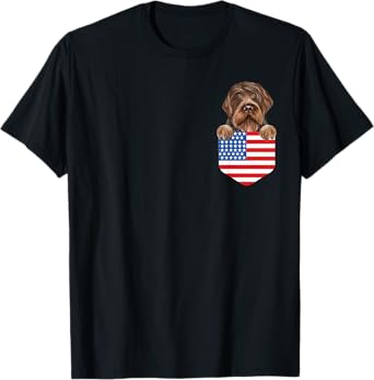America Flag Wirehaired Pointing Griffon Dog In Pocket T-Shirt