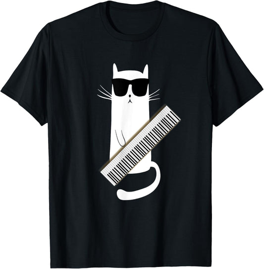 Cat Wearing Sunglasses Playing Keytar- Guitar Keyboard Shirt T-Shirt