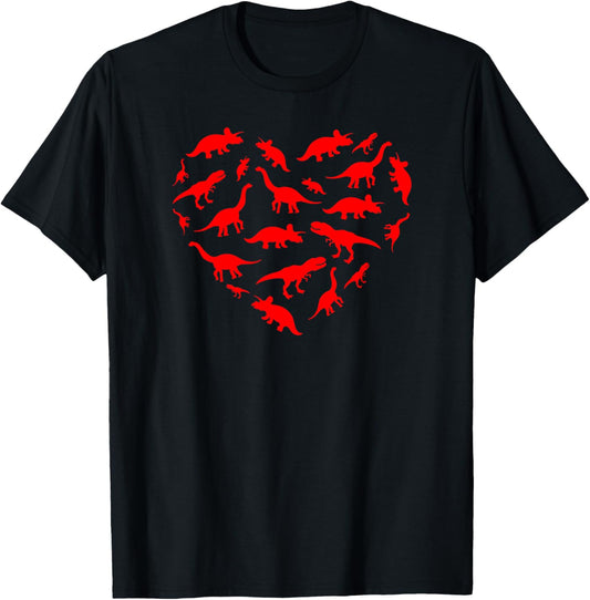 Threadrock Valentine's Day Dinosaur Heart T-Shirt - Unisex Adults - Black - Small - Short Sleeve - Classic Fit