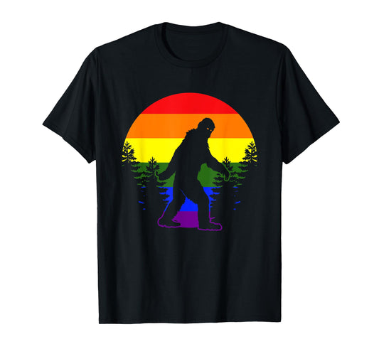 Bigfoot In Forest LGBT-Q Gay Pride Rainbow Flag Color Ally T-Shirt