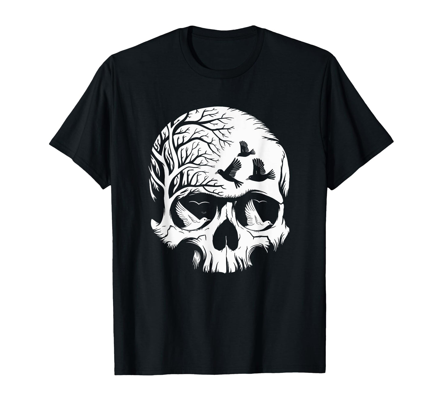 Skull With Birds Gothic Halloween Skull Art T-Shirt