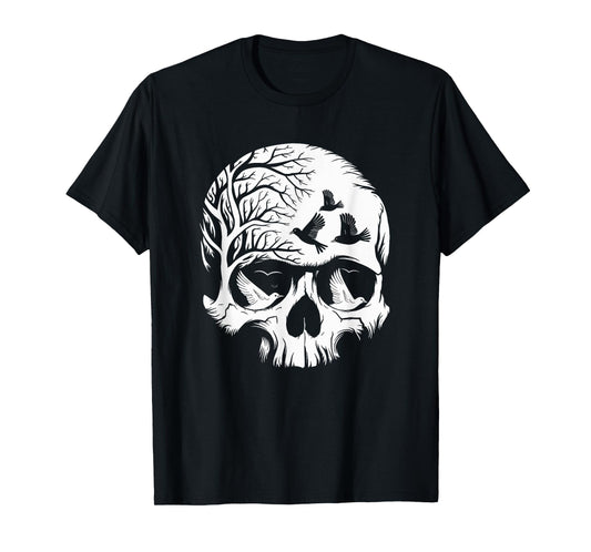 Skull With Birds Gothic Halloween Skull Art T-Shirt