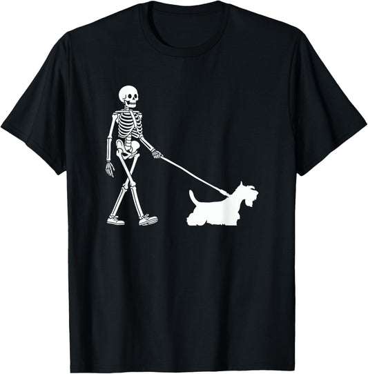 Skeleton Walking a Dog Scottish Terrier Halloween Outfit T-Shirt
