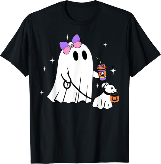 Halloween Cute Ghost Walking Dog Spooky Coquette Ghost Women T-Shirt